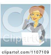 Poster, Art Print Of Happy Caucasian Businesswoman Talking On A Cell Phone And Using A Laptop Over Blue