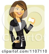 Poster, Art Print Of Happy Brunette Businesswoman Holding A Business Card Over Green