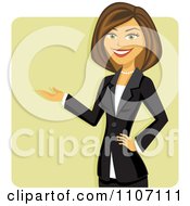 Poster, Art Print Of Happy Brunette Businesswoman In A Black Suit Presenting Over A Green Square
