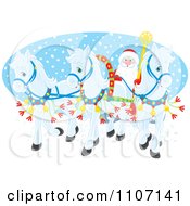 Poster, Art Print Of Three White Christmas Ponies Pulling Santas Christmas Sleigh Over An Oval Of Snow