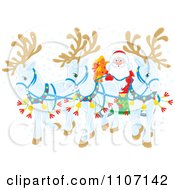 Poster, Art Print Of Three White Christmas Reindeer Pulling Santas Christmas Sleigh In The Snow