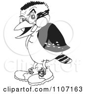 Clipart Black And White Grumpy Kookaburra Wearing Shoes Royalty Free Vector Illustration