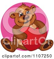 Poster, Art Print Of Happy Teddy Bear Hugging A Heart Pillow Over A Pink Circle
