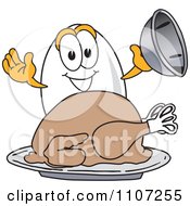 Clipart Egg Mascot Character Serving Roasted Thanksgiving Turkey Royalty Free Vector Illustration