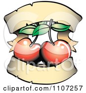 Clipart Tattoo Styled Double Cherries And Blank Parchment Banners Royalty Free Vector Illustration
