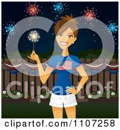 Patriotic American Woman Holding A Sparkler Under Independence Day Fireworks