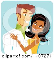 Clipart Happy Black Woman And White Man Couple Smiling At Each Other Over Blue Royalty Free Vector Illustration