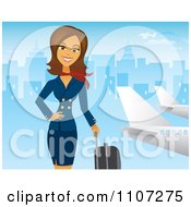 Beautiful Brunette Female Flight Attendant Posing With Luggage Near A Plane With A Blue City
