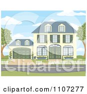 Yellow Two Story House With Green Shutters And Doors And An Attached Garage