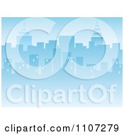 Clipart Blue City Skyline Background With Highrises And Skyscrapers Royalty Free Vector Illustration