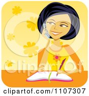 Poster, Art Print Of Happy Asian Girl Talking On A Cell Phone And Writing In Her Diary Over Yellow Flowers