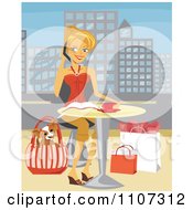Poster, Art Print Of Happy Blond Woman Chatting On Her Cellphone With Shopping Bags And Her Dog In A Purse At Her Feet While Resting At An Outdoor Cafe In A City