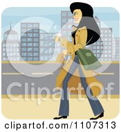 Happy Woman Walking With A Coffee Through A City