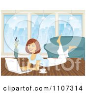 Poster, Art Print Of Happy Woman Working On Her City Apartment Floor With A Laptop And Coffee