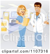Clipart Happy Female Nurse Talking To A Hispanic Male Doctor In A Hospital Royalty Free Vector Illustration by Amanda Kate #COLLC1107316-0177