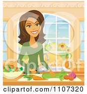 Poster, Art Print Of Beautiful Hispanic Woman Chopping Veggies In A Kitchen