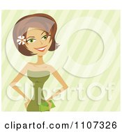 Clipart Happy Brunette Woman In A Green Dress Over Stripes Royalty Free Vector Illustration