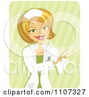 Poster, Art Print Of Happy Blond Female Nurse Putting Gloves On Over Green Stripes