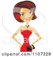 Beautiful Brunette Woman In A Red Dress With A Clutch And Red Rose In Her Hair