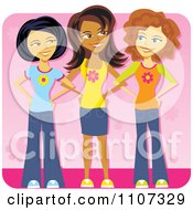 Clipart Happy Asian Hispanic And Caucasian Teenage Girls In Casual Apparel Over Pink Royalty Free Vector Illustration