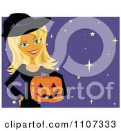 Clipart Happy Blond Woman In A Halloween Witch Costume Holding A Pumpkin Over Stars Royalty Free Vector Illustration