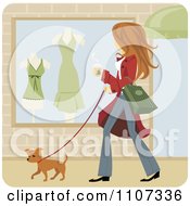 Clipart Woman Walking Her Pooch And Window Shopping With Coffee In Hand Royalty Free Vector Illustration