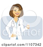 Clipart Happy Brunette Female Doctor Holding A Pill Bottle Over Purple Royalty Free Vector Illustration