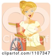 Poster, Art Print Of Pregnant Blond Woman Holding Her Belly And Sitting In A Wheelchair While In Labor Over Pink