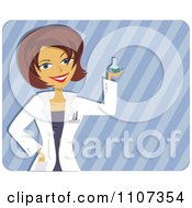 Clipart Happy Scientist Woman Holding Up A Beaker Over Stripes Royalty Free Vector Illustration by Amanda Kate #COLLC1107354-0177