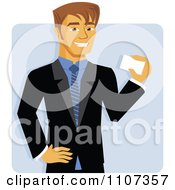 Handsome Caucasian Businessman Smiling And Holding A Business Card Over Blue