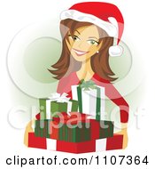 Poster, Art Print Of Happy Mother Holding Christmas Presents And Wearing A Santa Hat