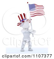 Poster, Art Print Of 3d American White Character Wearing A Top Hat And Holding An Independence Day Flag 3
