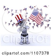 Poster, Art Print Of 3d Patriotic Robot Wearing A Top Hat And Waving An American Flag Under Buntings 1