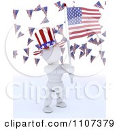 Poster, Art Print Of 3d American White Character Wearing A Top Hat And Holding An Independence Day Flag Under Buntings