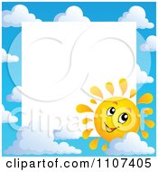 Clipart Cheerful Sun Character And Cloudy Sky Frame With White Copyspace Royalty Free Vector Illustration