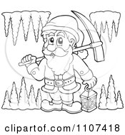 Poster, Art Print Of Outlined Miner Dwarf Carrying A Pickaxe And Lantern In A Cave