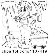 Outlined Happy Miner In A Cave