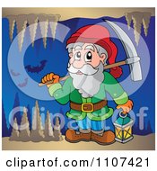 Poster, Art Print Of Miner Dwarf Carrying A Pickaxe And Lantern In A Cave With Bats