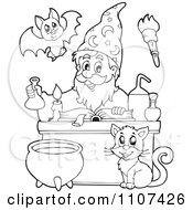 Poster, Art Print Of Outlined Cat Watching A Happy Alchemist Wizard Make A Spell