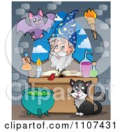 Poster, Art Print Of Bat And Cat Watching A Happy Alchemist Wizard Make A Spell