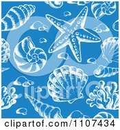 Poster, Art Print Of Seamless Blue And White Sketched Sea Shell Pattern