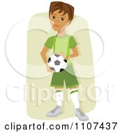 Happy Hispanic Soccer Boy Holding A Ball Over Tan