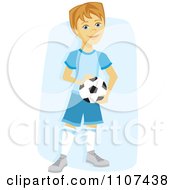 Poster, Art Print Of Happy Caucasian Soccer Boy Holding A Ball Over Blue