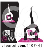 Clipart Silhouetted Woman Shown In A Scorpion Yoga Pose With Symbols Royalty Free Vector Illustration