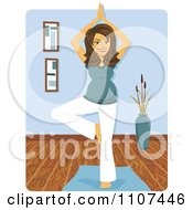 Poster, Art Print Of Happy Brunette Pregnant Woman In A Yoga Tree Pose