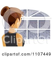 Poster, Art Print Of Rear View Of A Brunette Woman Looking Out A Window On A Rainy Day