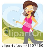 Happy Pregnant Brunette Woman Walking In A Park