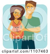 Poster, Art Print Of Happy Pregnant Couple Smiling Over Blue