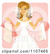Happy Blond Bride Holding Up Shopping Bags Over Pink