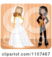 Poster, Art Print Of Friendly Black Wedding Planner And Bride Trying On Her Dress Over Orange
